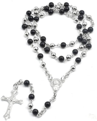 Men Style 6 mm Black Round Crystal Rosary Bead Long Necklace Silver Christian Jesus Cross Pendant For Catholic Christmas Gift  Stainless Steel, Crystal