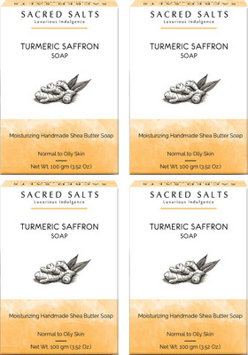 

Sacred Salts Turmeric Saffron Moisturizing Handmade Shea Butter Soap | 100%Organic Bathing Bar | Purifying Soap for Face & Body |Set of 4(400 g, Pack of 4)