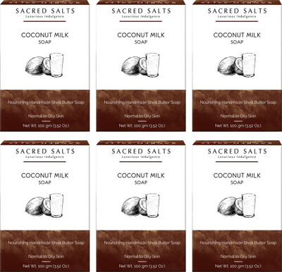 

Sacred Salts Coconut Milk Nourishing Handmade Shea Butter Soap | 100% Organic Bathing Bar | Moisturizing Soap for Face & Body | Set of 6(600 g, Pack of 6)