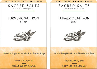 

Sacred Salts Turmeric Saffron Moisturizing Handmade Shea Butter Soap | 100% Organic Bathing Bar | Purifying Soap for Face & Body| Set of 2(200 g, Pack of 2)