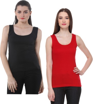 IndiWeaves Casual No Sleeve Solid Women Red, Black Top