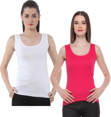 IndiWeaves Casual No Sleeve Solid Women White, Pink Top