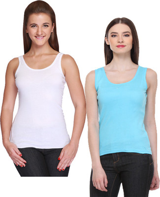 IndiWeaves Casual No Sleeve Solid Women White, Blue Top