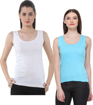 IndiWeaves Casual No Sleeve Solid Women Light Blue, White Top