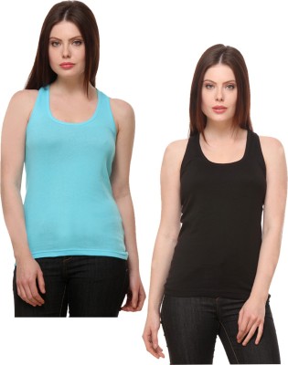 IndiWeaves Casual No Sleeve Solid Women Blue, Black Top