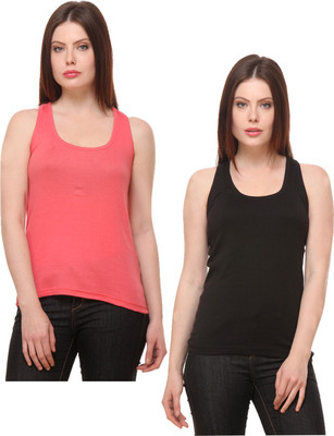 IndiWeaves Casual No Sleeve Solid Women Pink, Black Top