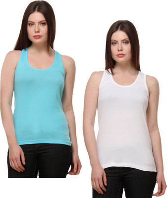 IndiWeaves Casual No Sleeve Solid Women White, Blue Top