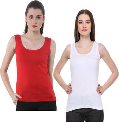IndiWeaves Casual No Sleeve Solid Women Red, White Top