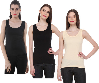 IndiWeaves Casual No Sleeve Solid Women Black, Beige Top
