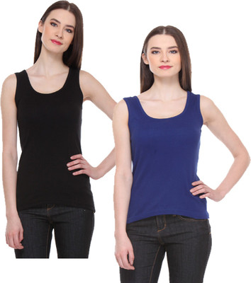 IndiWeaves Casual No Sleeve Solid Women Blue, Black Top