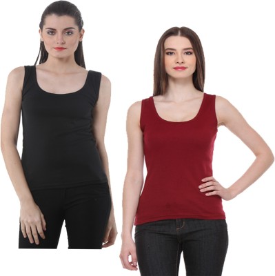 IndiWeaves Casual No Sleeve Solid Women Red, Black Top