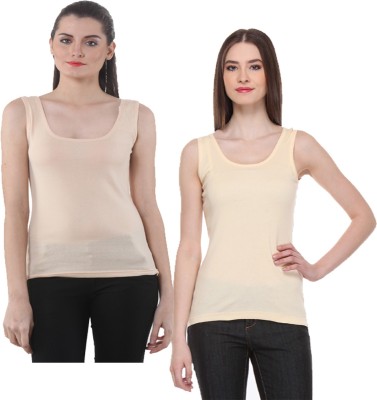 IndiWeaves Casual No Sleeve Solid Women Beige Top