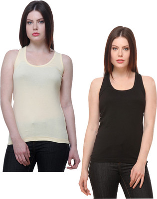 IndiWeaves Casual No Sleeve Solid Women Black, Beige Top