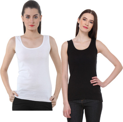 IndiWeaves Casual No Sleeve Solid Women White, Black Top