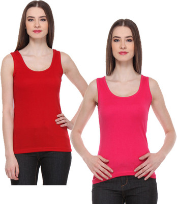 IndiWeaves Casual No Sleeve Solid Women Red, Pink Top