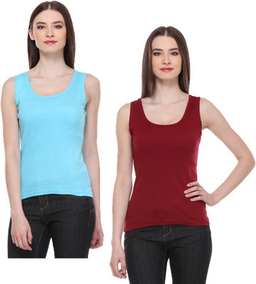 IndiWeaves Casual No Sleeve Solid Women Light Blue, Maroon Top
