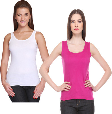 IndiWeaves Casual No Sleeve Solid Women White, Pink Top