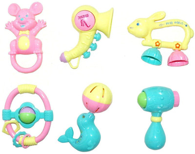 

Tiny's World Colourful Non Toxic Set of 6 Teether and Rattle for New Born & Infants Rattle(Multicolor)