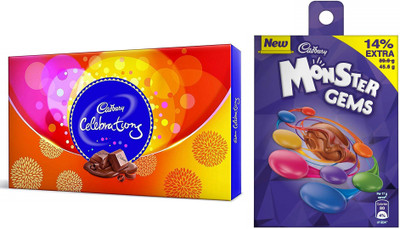 

Cadbury Monster Gems Chocolate 45.6 gm (Pack of 3) & Celebrations Assorted Chocolate Gift Pack 114.8 gm (Pack of 3) Bars(Pack of 2, 481.2 g)