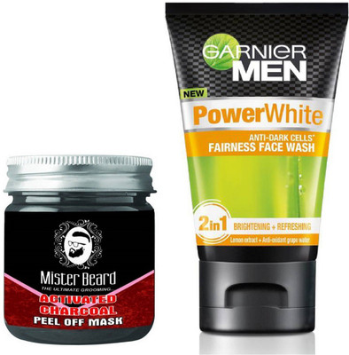 

MISTER BEARD ACTIVATED CHARCOAL PEEL OFF MASK WITH POWER WHITE FACEWASH(Set of 2)