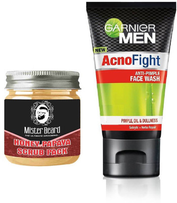 

MISTER BEARD HONEY PAPAYA SCRUB PACK WITH GARNIER ACNO FIGHT FACEWASH(Set of 2)