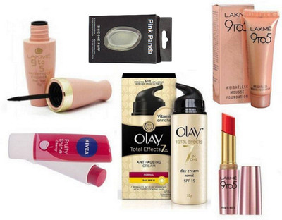 

Pinkpanda Silicon puff With Olay total Anti Ageing Cream 20g ,Nivea Lip Balm With Lakme 9to5 Mousse Foundation 6gm, Liquid Eyeliner & 9to5 Lipstick(Set of 6)