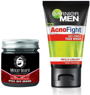 

MISTER BEARD ACTIVATED CHARCOAL PEEL OFF MASK WITH GARNIER ACNO FIGHT FACEWASH(Set of 2)