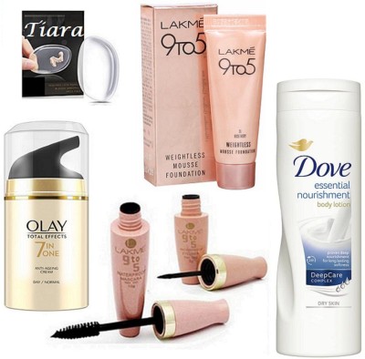 

TIARA Silicon Puff , Olay Total Effect Cream , Lakme 9 to 5 Weight Less Mousse , Eyeliner & Mascara , Dove Body Lotion(Set of 6)