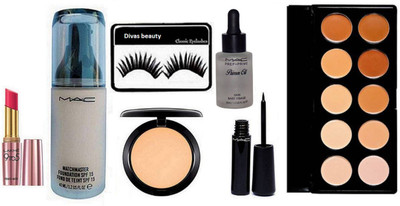 

Divas Beauty Eyelashes & Matchmaster Foundation & Mac Compact & Mac Eyeliner & Lakme 9 To 5 Lipstick & 10 Shade Concealer Palette & Primer Oil(Set of 7)