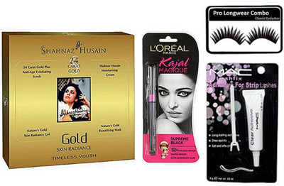

pro long wear combo Eyelashes, Eyelashes Glue, L'oreal Kajal, Shahnaz Husain Gold Facial Kit(Set of 4)