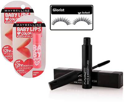 

glorist combo Eyelashes,New York Cherry Kiss Lipblalm Pack Of 2,Mac Haute & Naughty Lash Mascara(Set of 4)