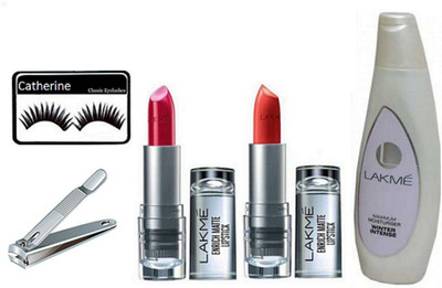 

catherine eyelashes, lakme enrich lipstick pack of 2, winter intense lotion with nail cutter(Set of 5)