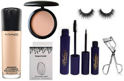

importedd Silicon Puff & Matchmaster Foundation & Mac Compact & Padma Eyeliner & Mascara & Curler & Eyelashes(Set of 7)