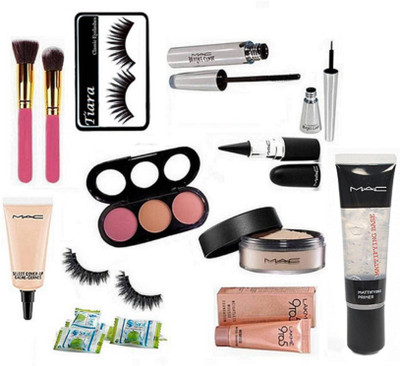 

tiara Eyelashes , Mac 3 Shade Blusher, Loose Powder, Stick Kajal, Brook Candy Liner & Mascara, 9to5 Weightless Mousse Foundation, Make up Brush 2 With Eyelashes and Magic Napkin Pack of 3 , Select Cover up Concealer , Infalliable Mattiyfing Primer(Set of 