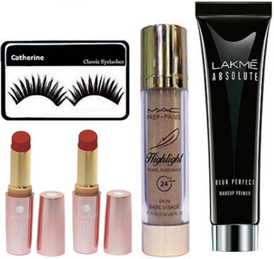 

catherine eyelashes, lakme absolut primer, 9to5 lipstick pack of 2, mac Prep+prime Highlighter(Set of 5)