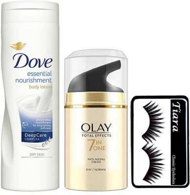

TIARA Eyelashes , Olay Total Effects 7 in one Anti Ageing Cream , Dove Body Lotion (250ML)(Set of 3)