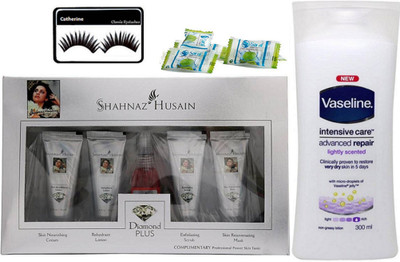 

catherine silicon puff, shahnaz husain diamond facial kit, vaseline intensive care advanced repair body lotion, magic napkin pack of 4(Set of 7)