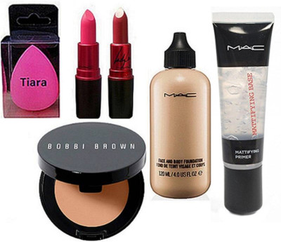 

tiara Spounge Puff & Bobbi Brown Concealer , Mac Lady Gaga Lipstick Pack Of 2 , Face & Body Foundation, Infalliable Mattiyfing Primer(Set of 6)