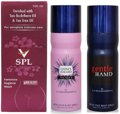 

VSPL Feminine Hygiene Wash 100ml 1pc., HAMD Essence 1pc. & Gentle 1pc. Deodorant Spray 200ml each Pack of 3(Set of 3)