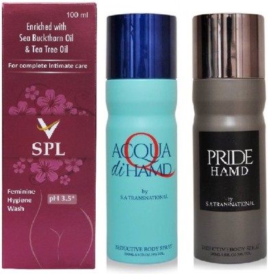 

VSPL Feminine Hygiene Wash 100ml 1pc., HAMD Acqua 1pc. & Pride 1pc. Deodorant Spray 200ml each Pack of 3(Set of 3)