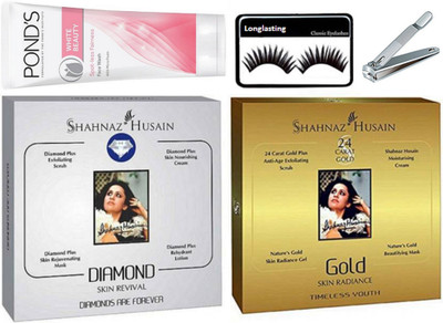 

Longlasting eyelashes with shahnaaz husain gold and diamond facial kit, ponds white beauty spot-less face wash and nail cutter(Set of 5)
