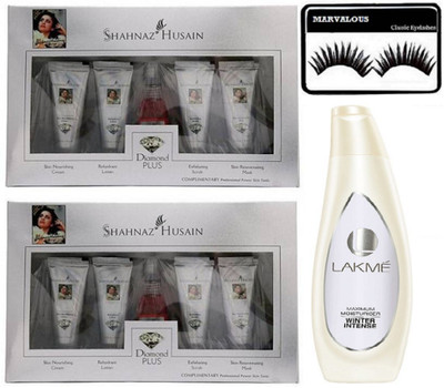 

marvalous eyelashes , Shahnaz Husain Diamond Plus Facial Kit (pack of 2) with lakme maximum moisturiser winter intense lotion 120 ml(Set of 4)