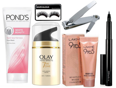 

marvalous eyelashes, lakme 9 to 5 weightless mousse foundation , ponds white beauty fash wash ,olay total effects anti ageing cream & nail clipper with pen eyeliner(Set of 6)