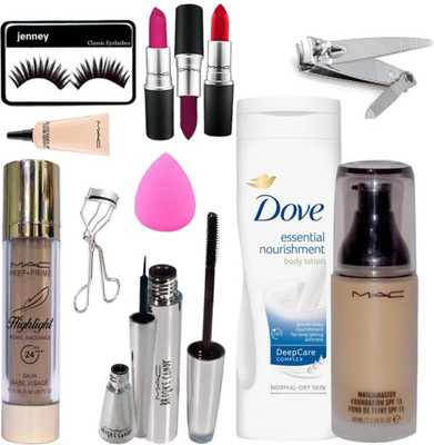 

jenney Eyelashes&&Mac Lipstick Pack Of3&Mac MatchMaster Foundation&Brooke Candy Liner&Mascara&Sponge Puff&Mac Highlight Foundation&Curler&Mac Select Cover up&Nail Cutter&Dove Essential Nourishment Body Lotion(Set of 13)