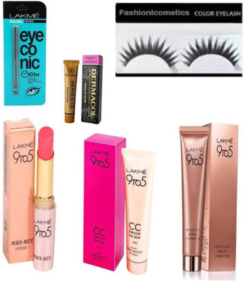 

FASHION1COSMETICS Combo set of 9to5 lipstick,complexion care cream,weightless mousse foundation,eye-conic,kajal,dermacol with eyelashes (set of 6) (Set of 6)(Set of 6)