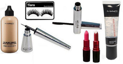 

tiara Eyelashes , Mac Face & Body Foundation , Brook Candy Eyeliner & Mascara , Lady Gaga Lipstick Pack Of 2 , Infalliable Mattifyfing Primer(Set of 7)