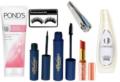 

Professional kit Eyelashes, Mac Padma Eyeliner+Mascara & Lakme 9 to 5 Matte Prime Lipstick, Lakme Maximum Moisturiser Winter Body Lotion & Ponds White Beauty Face Wash(Set of 7)
