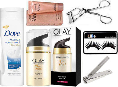 

Ellie Eyelashes & Dove Essential Nourishment Body Lotion,Olay Total Effect 7 in 1 Day Cream,Lakme 9to5 Mousse cream,Eyelashes Curler With Nail Cuter(set of 6)(Set of 6)