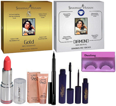 

DAZZLING Eyelashes with Shahnaz Husain Gold Radiance & Diamond Skin Revival, Colorbar Lipstick, Lakme 9 To 5 Mousse, Pen Eyeliner & Padma Eyeliner & Mascara(Set of 8)
