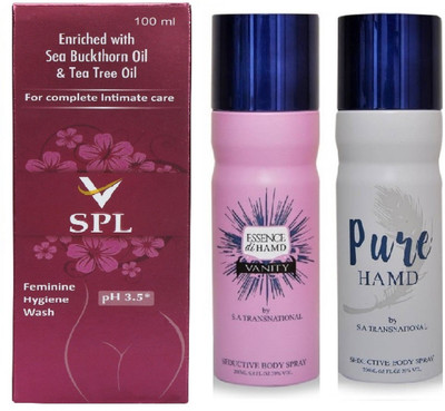 

VSPL Feminine Hygiene Wash 100ml 1pc., HAMD Essence 1pc. & Pure 1pc. Deodorant Spray 200ml each Pack of 3(Set of 3)